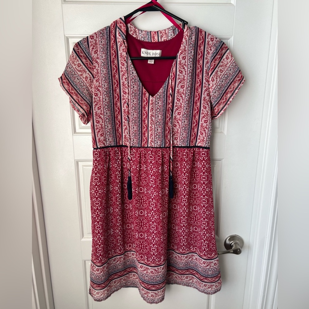 Knox Rose Floral Tassels Eyelet V-Neck Peasant Bohemian Dress Women’s XS